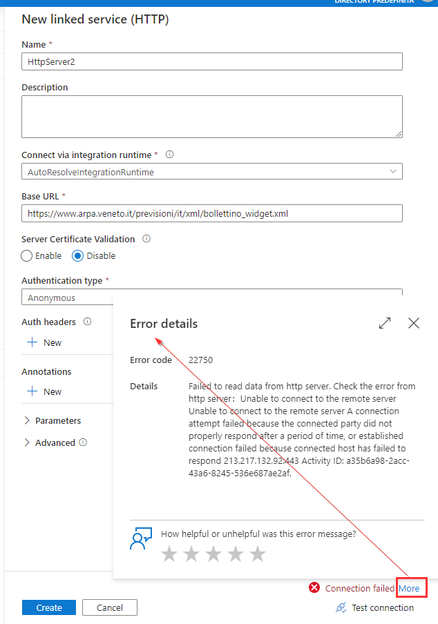 Connection failed for http xml linked service in Azure Data Factory ...