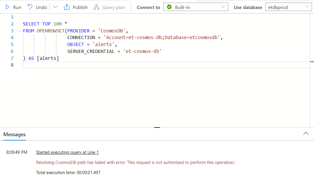 Unable to run tsql (connecting to cosmos db) in synapse workspace ...