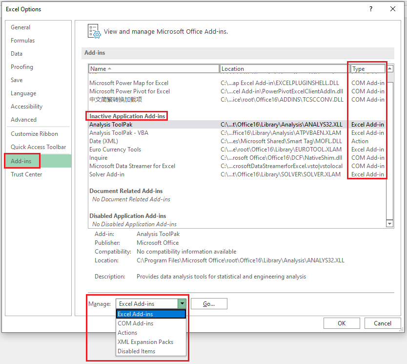 how to activate inactive application add ins in excel