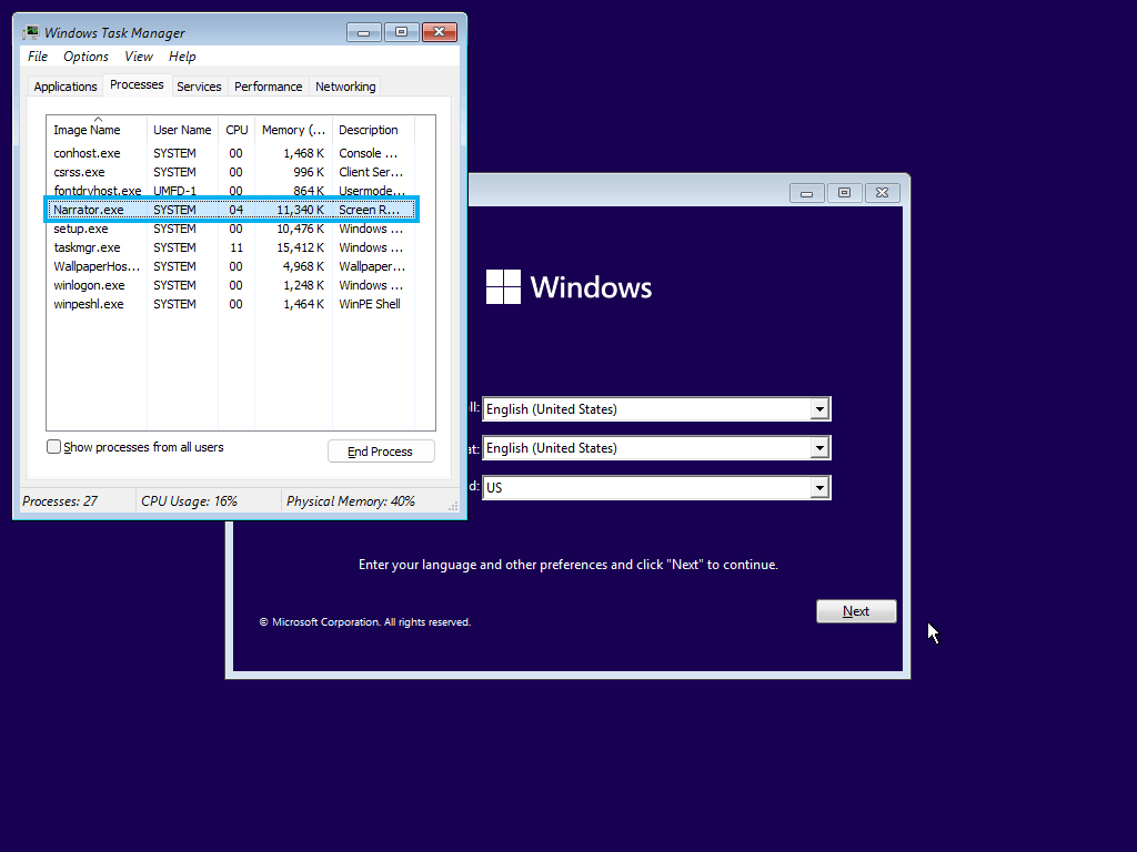 I can't install Windows 11 23 h2 using Narrator - Microsoft Q&A