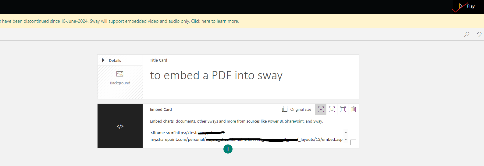 I am unable to embed a PDF into sway - Microsoft Q&A