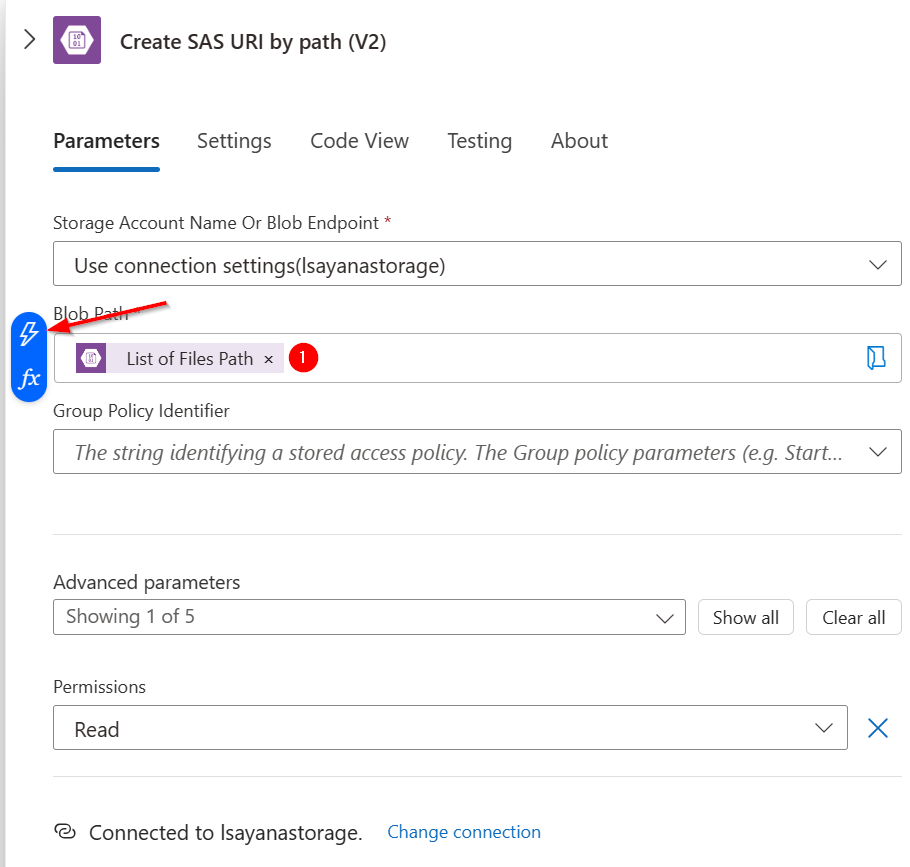 usage of, Create SAS URI by path (V2) , in the Logic App, to connect to ...