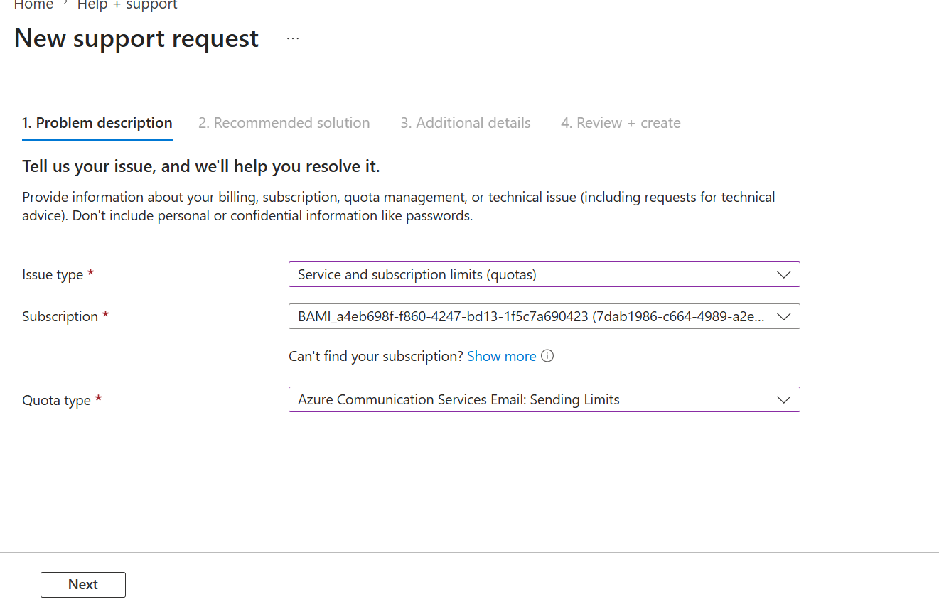 Azure Communication Services Email quota increase request - Portal ...