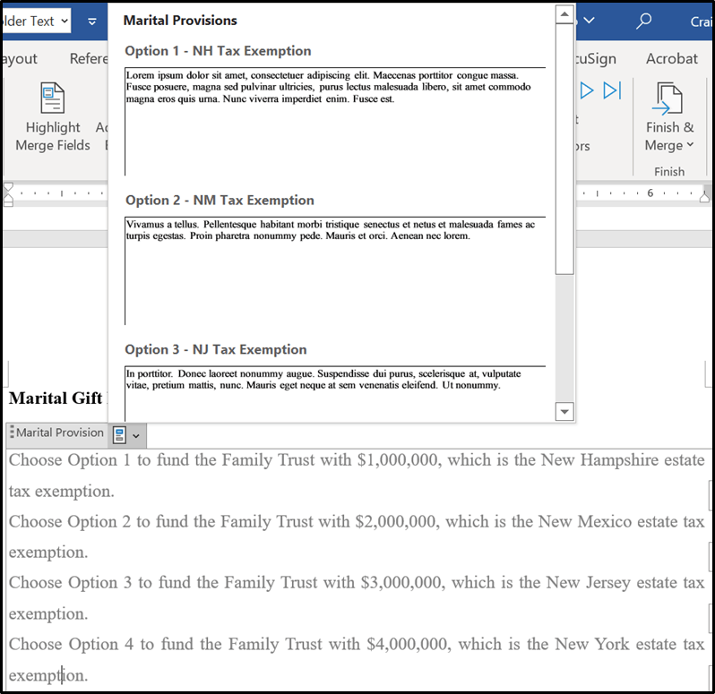 How to insert dropdowns in a template and merge in other variable text ...