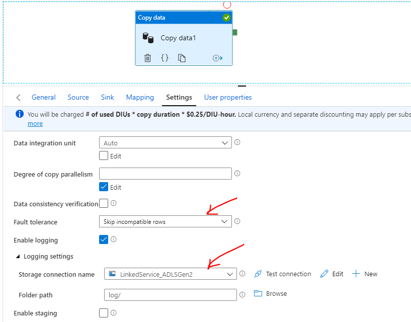 Is there a way to handle SQL insert errors in copy activities within a