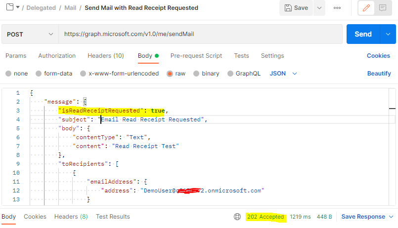 How to request read receipt for a email sent using Graph API sendEmail ...