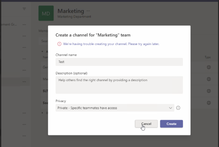 User cannot create Channel in Team which she is a member of - Microsoft Q&A