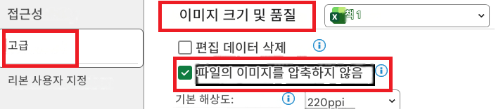 접근성이미지 크기 및 품질책 1고급편집 데이터 삭제리본 사용자 지정파일의 이미지를 압축하지 않음기본 해상도:220ppi