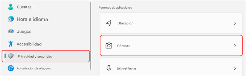 LCuentasPermisos de aplicacionesHora e idiomaUbicación>JuegosAccesibilidadCámara>Privacidad y seguridadActualización de WindowsMicrófono>