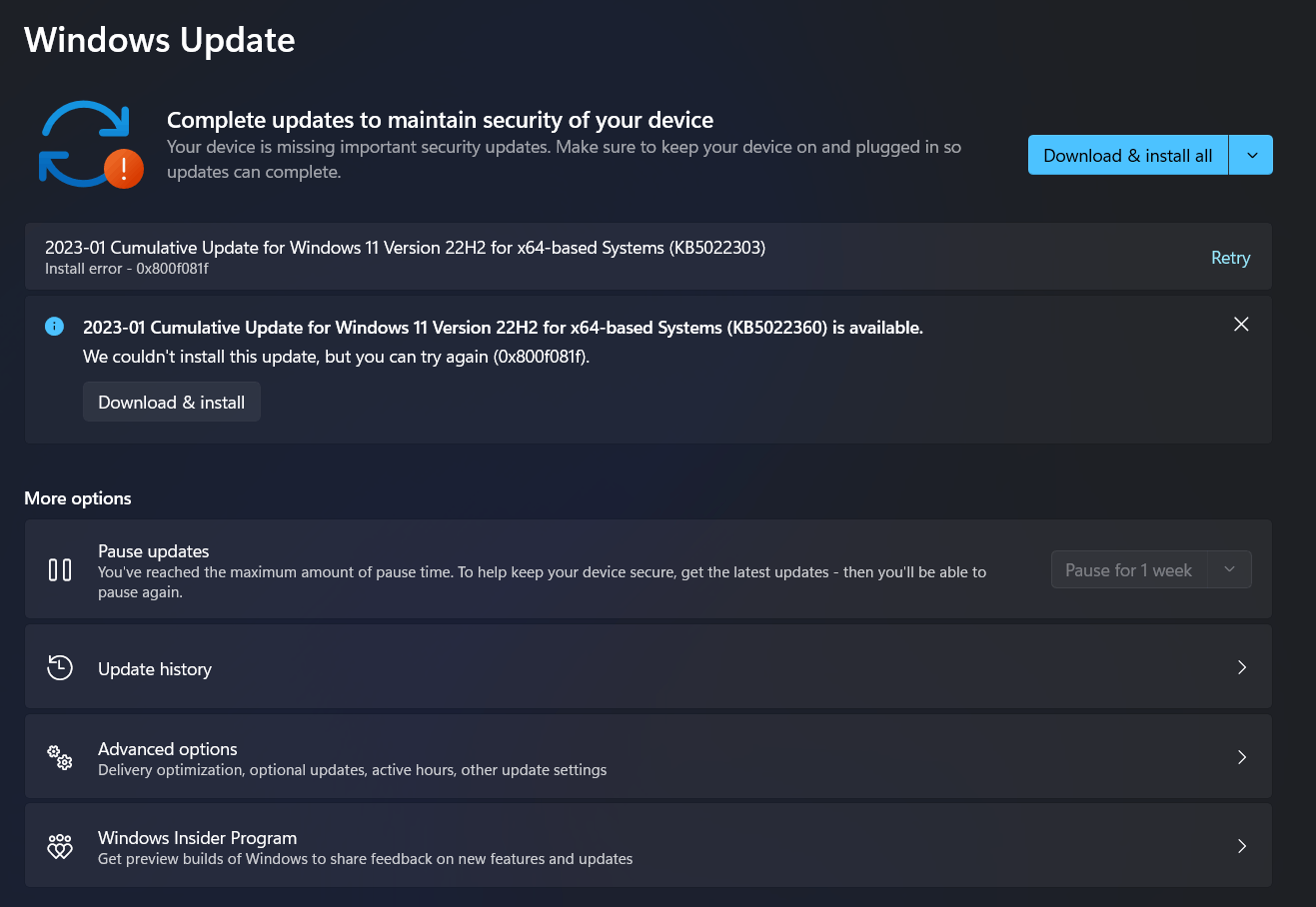im having problem with my windows update having a error 800f081f tried ...