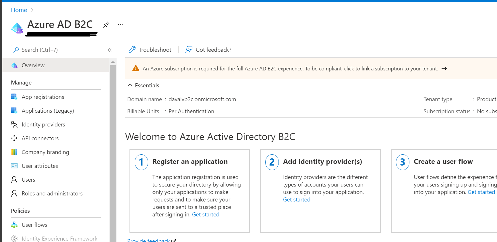 Test Azure AD B2C Tenant is not longer linked to an Azure Subscription ...