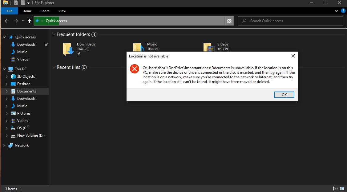 I uninstalled OneDrive. Now, an error message 