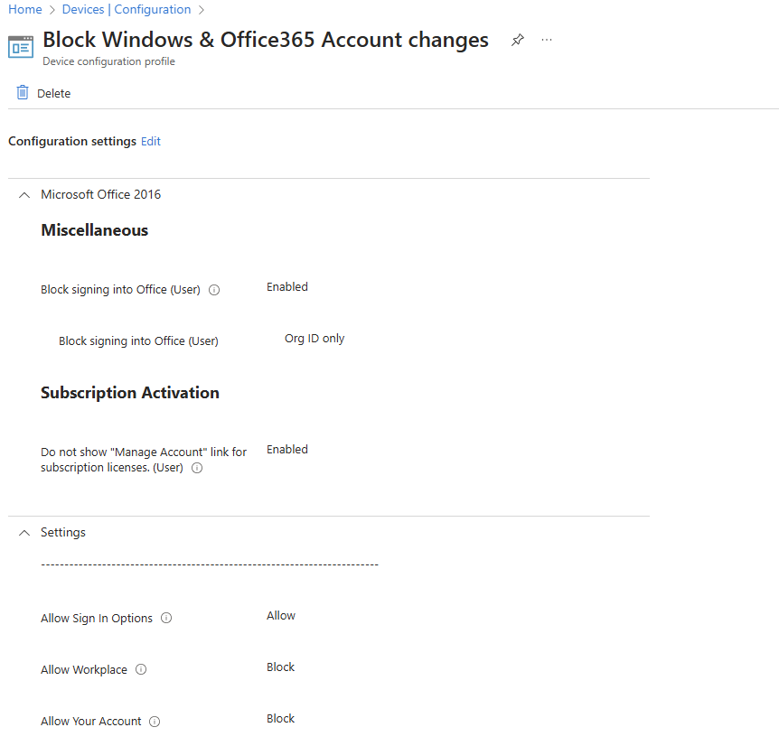 Intune policy settings