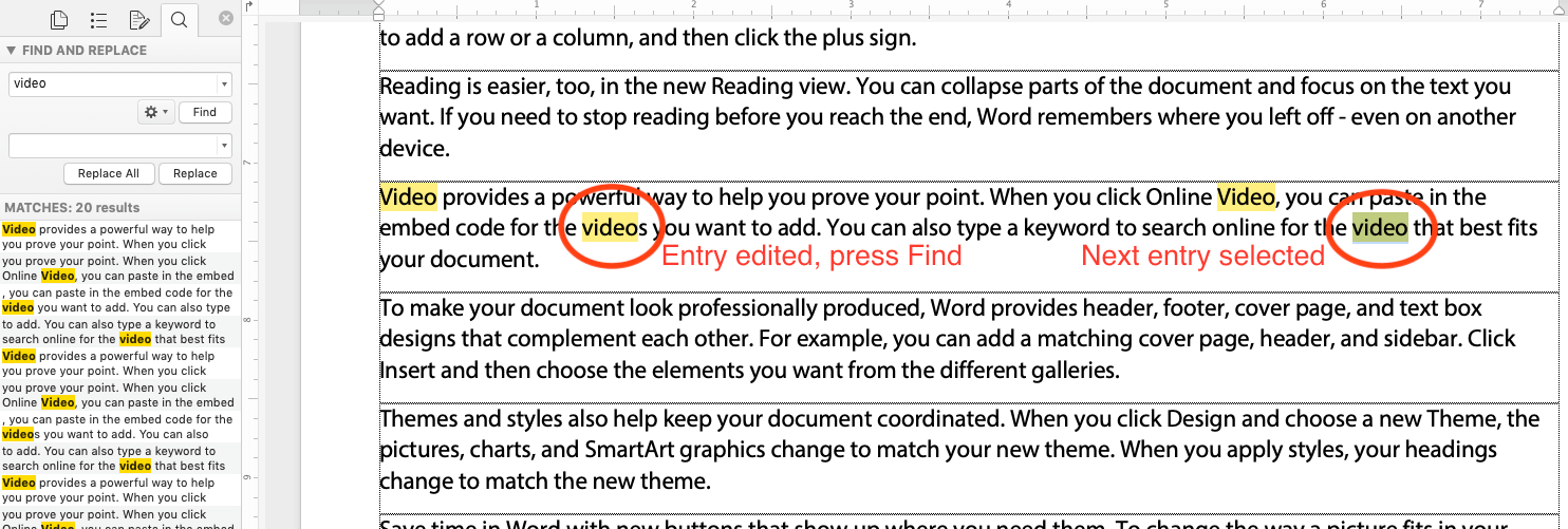 How to highlight again previously selected search hit on left Word pane ...