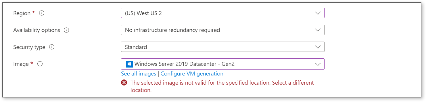 Cannont create a 2016 or 2019 Windows VM Error "The selected image is ...