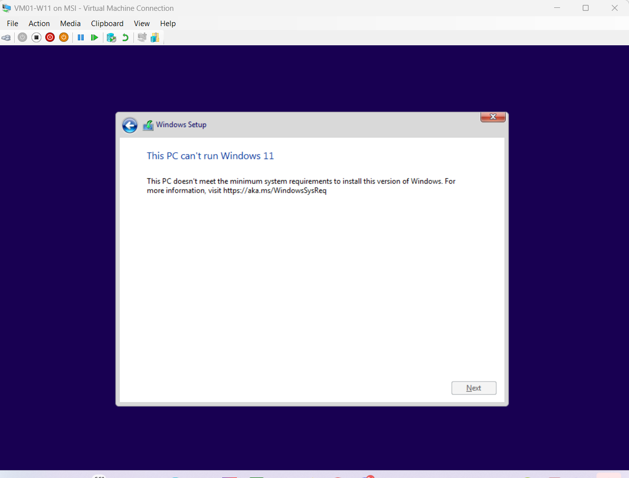 VM W11 Min Sys Req Error