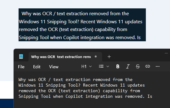 Regression: OCR / text extraction removed from Snipping Tool in Windows ...