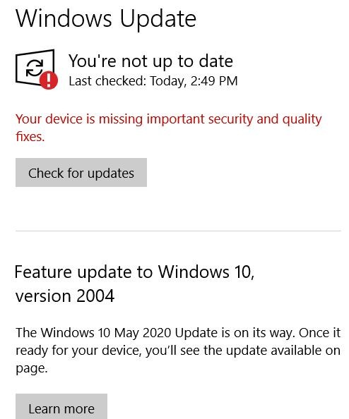 Windows Update error "Your device is missing important security and ...