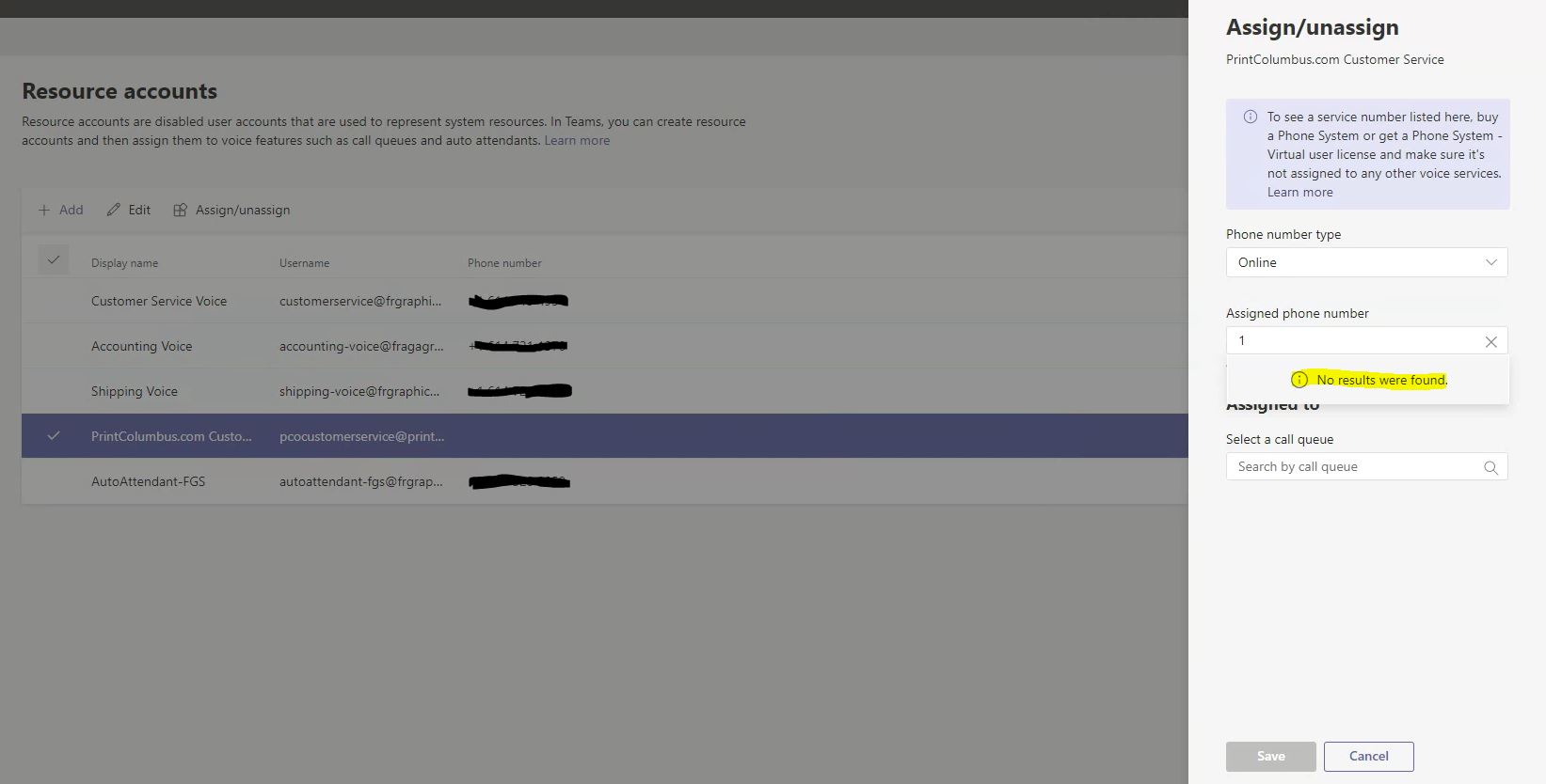 Unable to find phone number when trying to assign to resource account ...