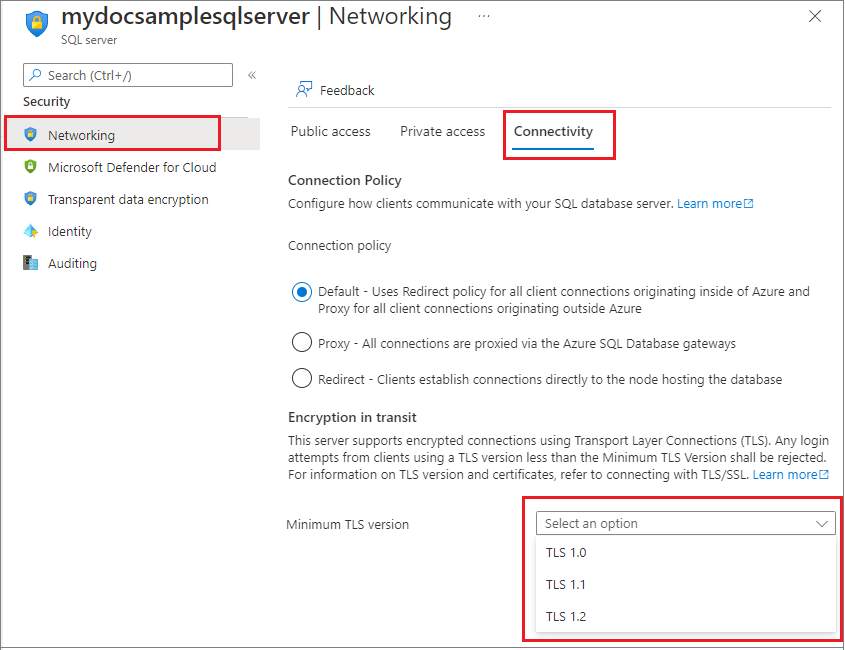 Screenshot of the Connectivity tab of the Networking settings for your logical server, minimal TLS version drop-down selected.