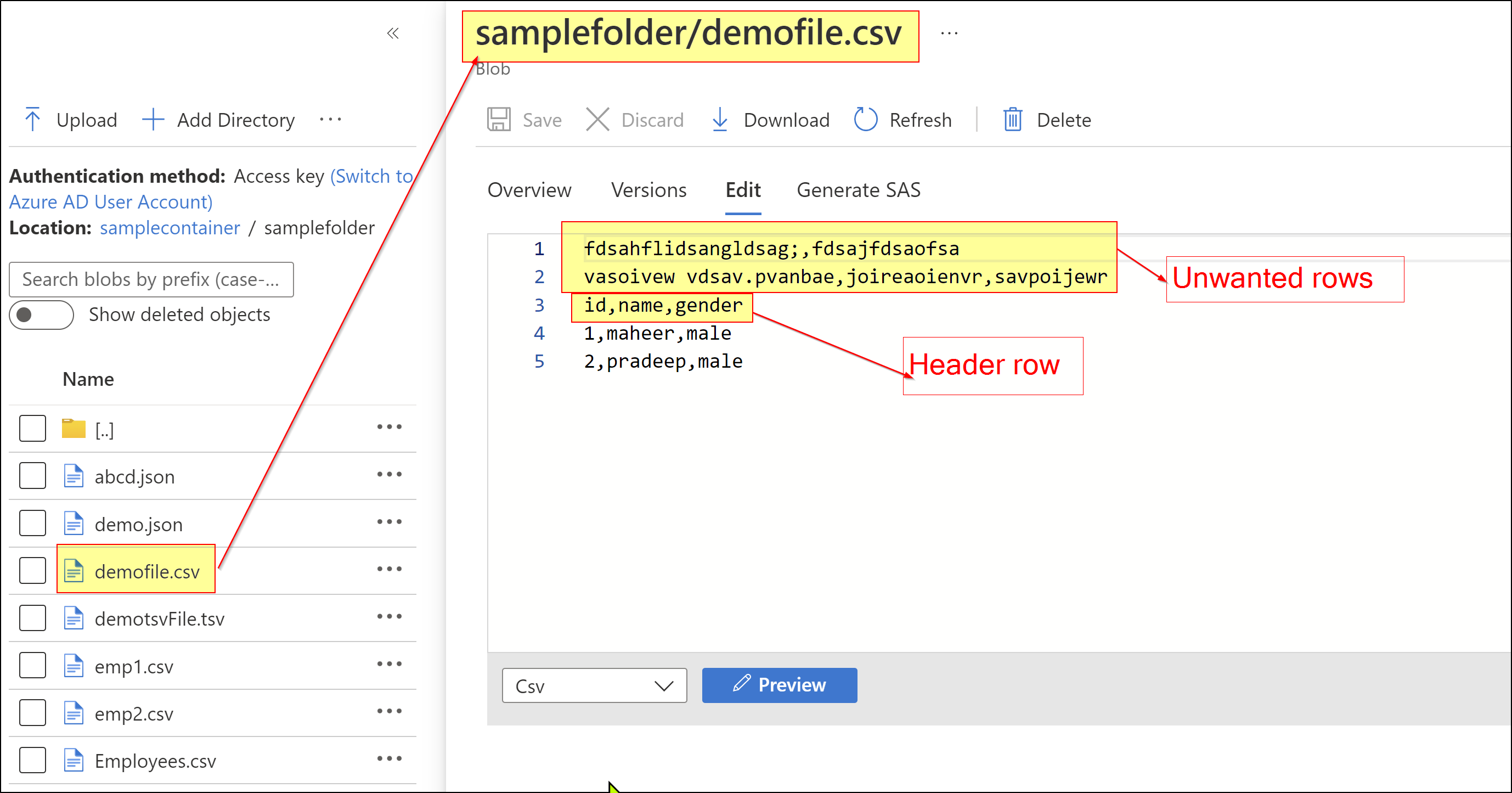 Azure no header row in the uploaded csv clearance file