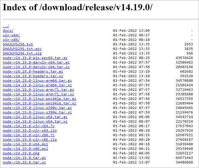 Screenshot of the Node.js 14.19.0 page