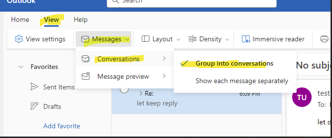 Messages received from external email do not group in threads ...