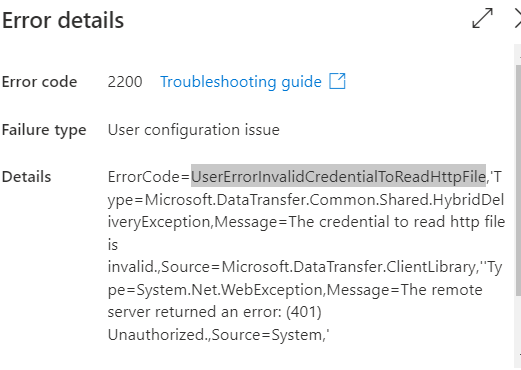 Error while trying to extrat files from sharepoint to azure using data ...