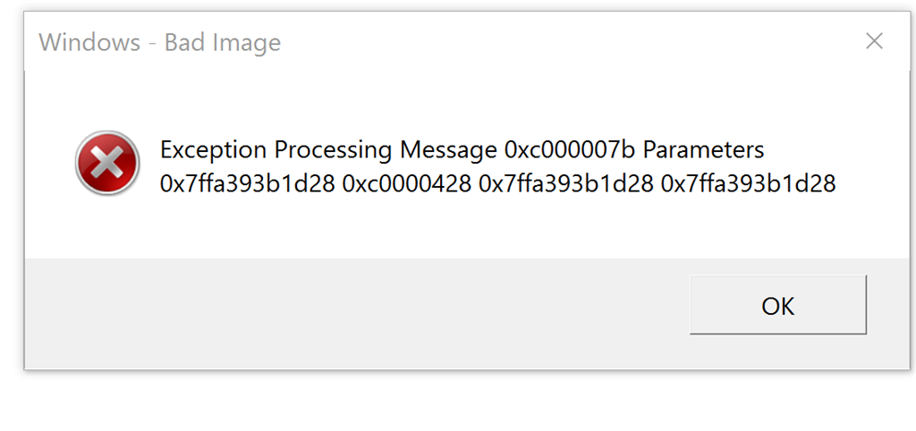 Exception Processing Message 0xc000007b Parameters 0x75BA5900 ...