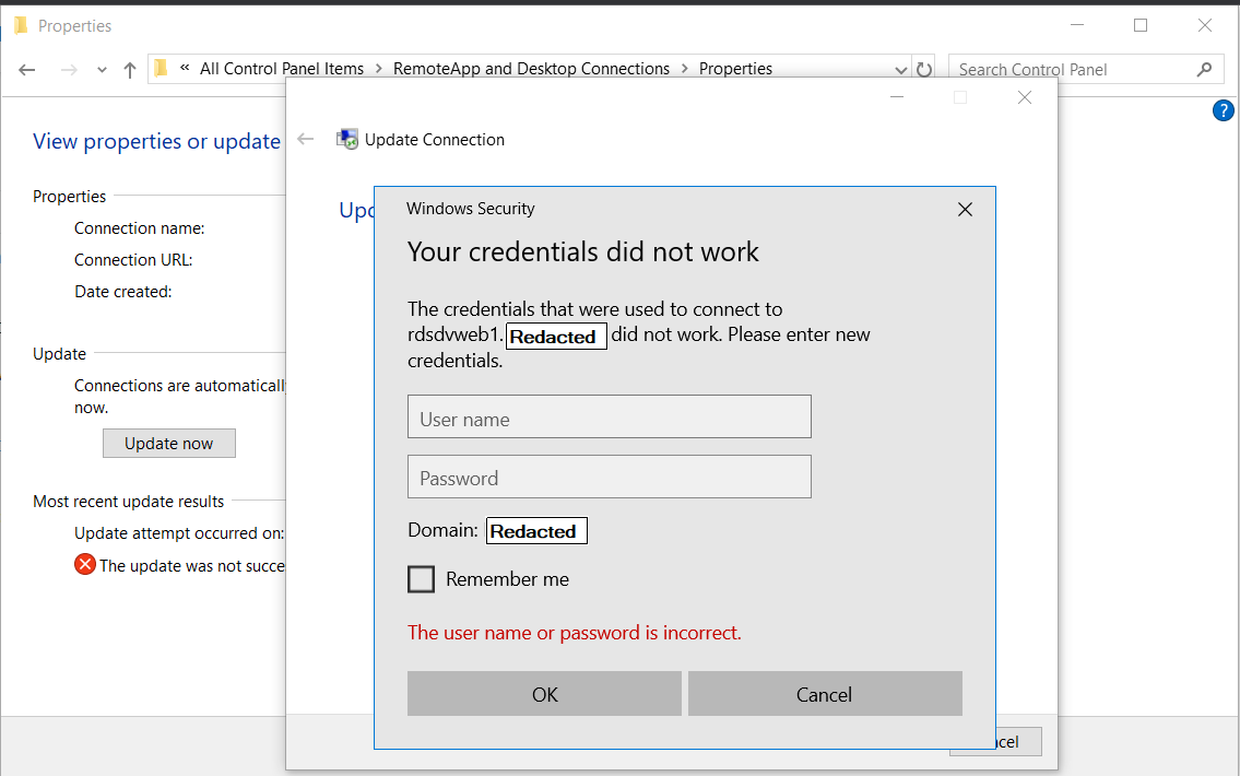 RemoteApp keeps saying "The user name or password is incorrect