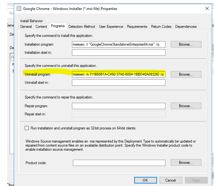 sccm tring to uninstall google chrome for a device collection ...
