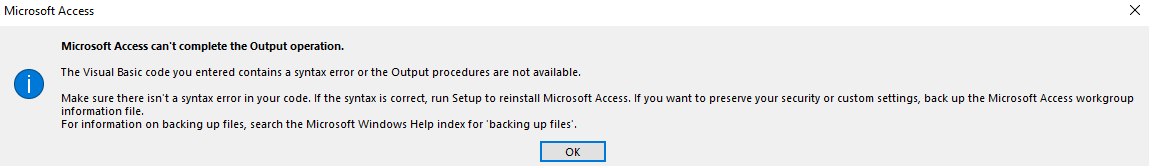 Access error when exporting to Excel: the visual basic code contains a ...