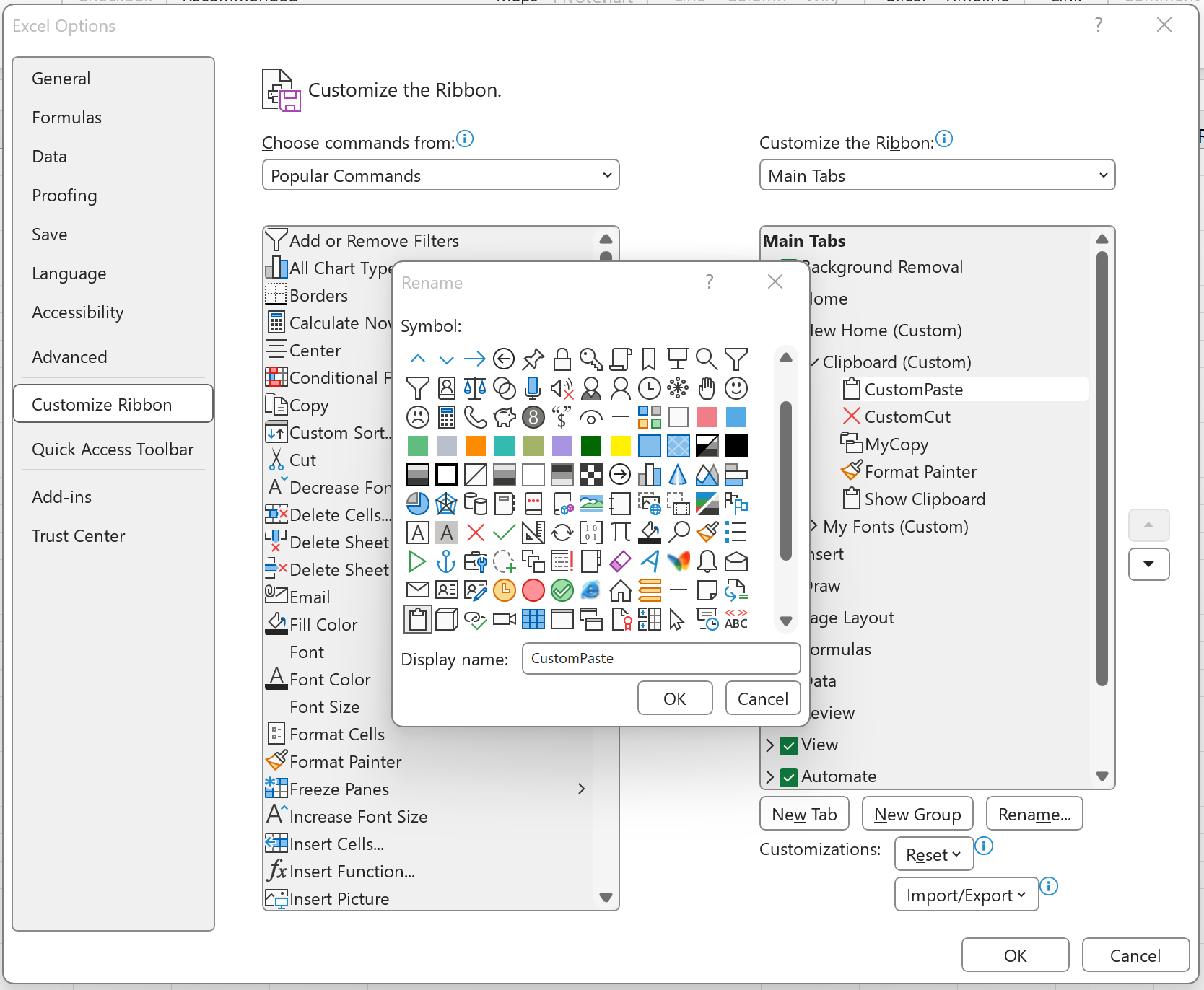 Can i add custom icons to the ribbon editor in office 365 for excel