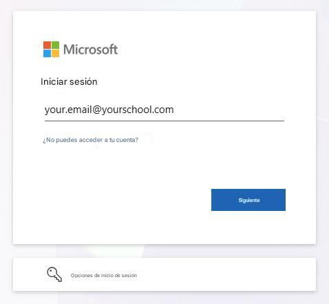 MicrosoftIniciar sesió******@yourschool.com¿No puedes acceder a tu cuenta?SiguienteOpciones de inicio de sesión