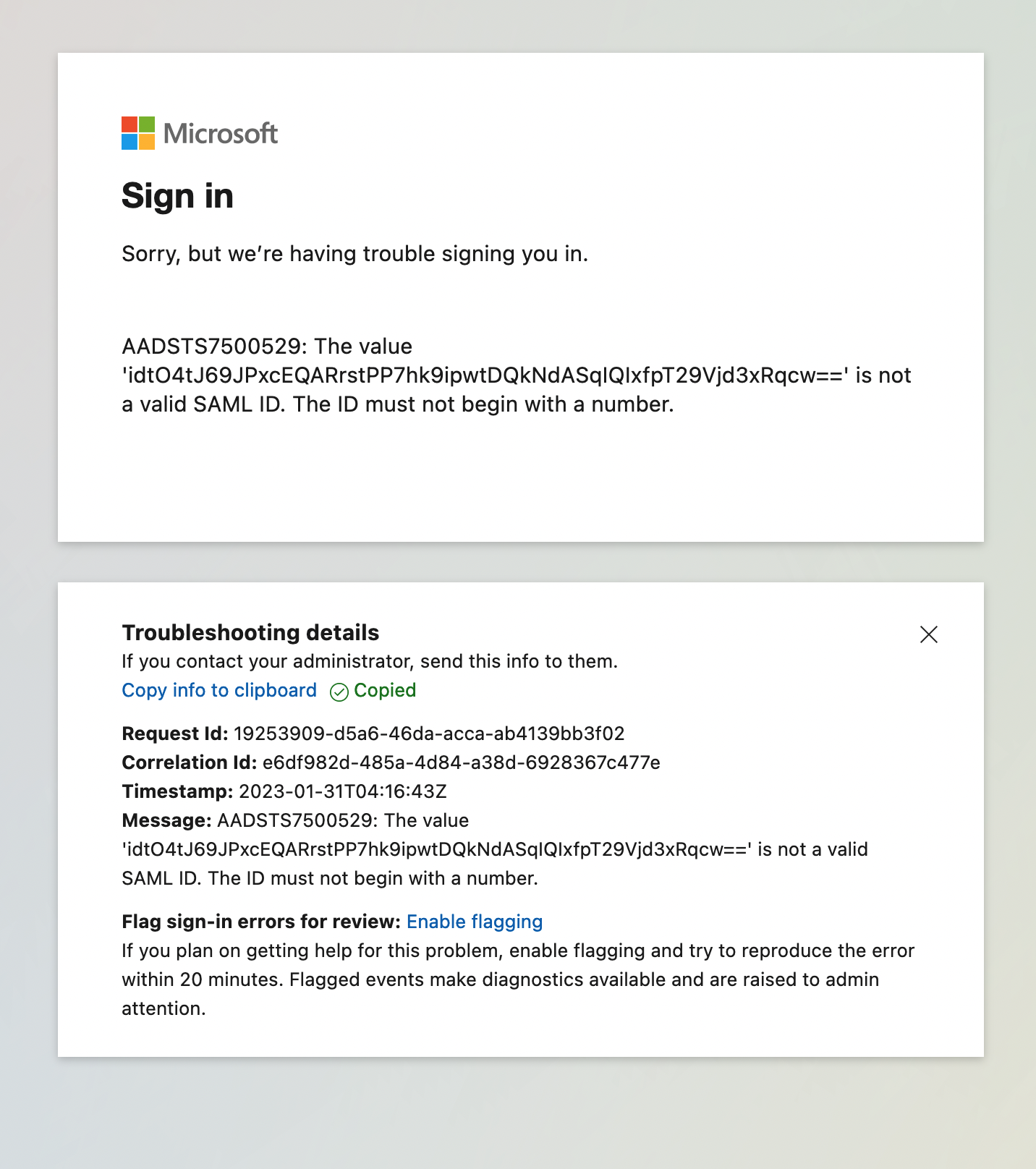 AADSTS7500529: Azure AD SAML login issue, request id error