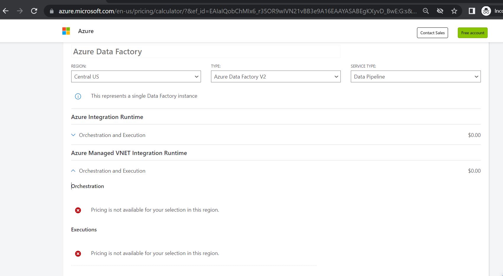 Azure Managed VNET Integration Runtime pricing not availabe for Central ...