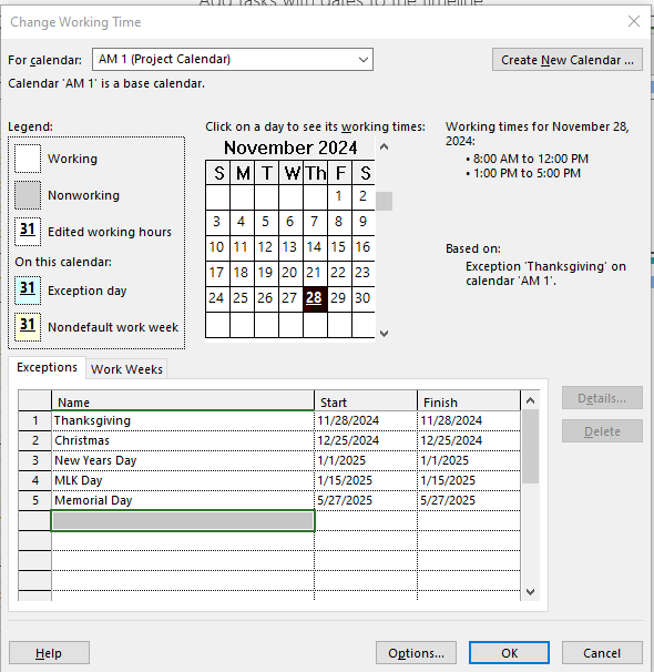 Newly created base calendar that includes ALL days working not properly ...