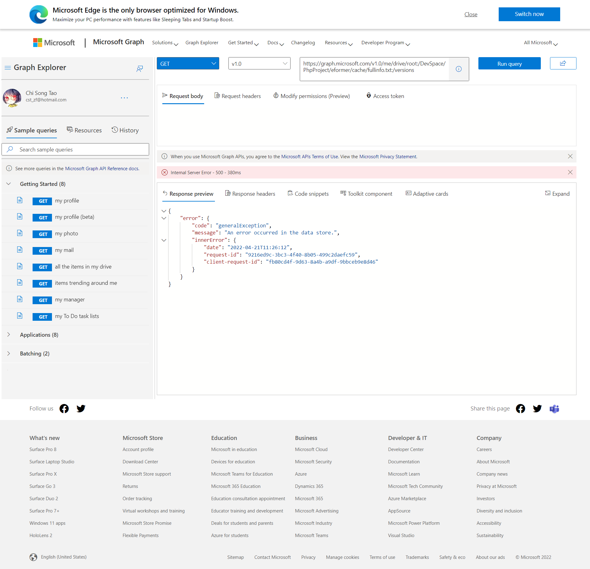 An error occurred in the data store when I list versions of a driveItem ...