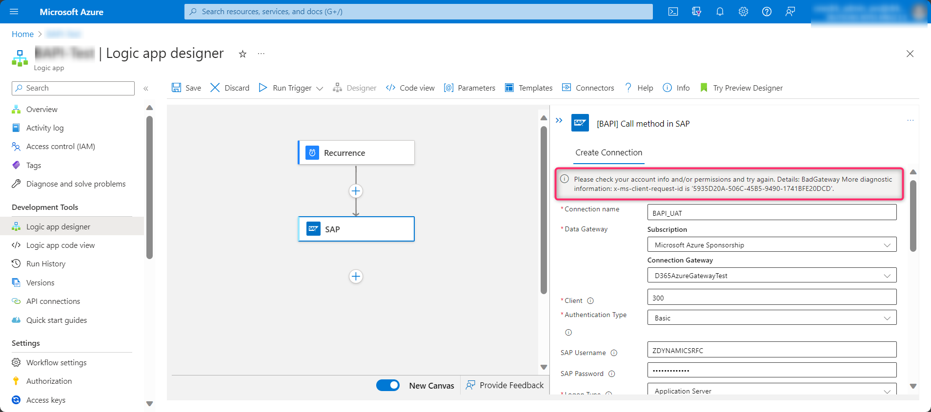 Image of Logic Apps config from Azure portal