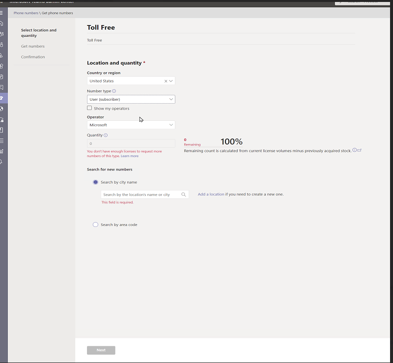 I want to get a toll free number for one user in teams Microsoft Q A