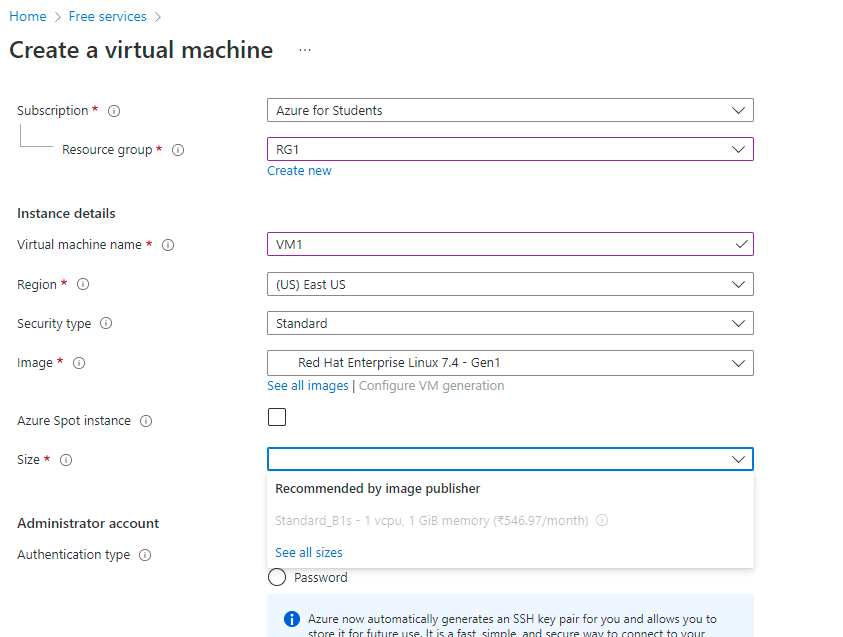 I am not able to create Virtual Machhine in Azure Student account ...