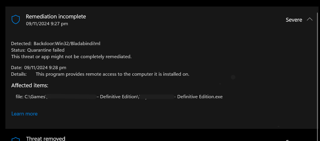 Remediation incomplete in windows defender. - Microsoft Q&A
