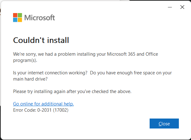 Office Installation error: Error Code: 30175-45 (2147942405