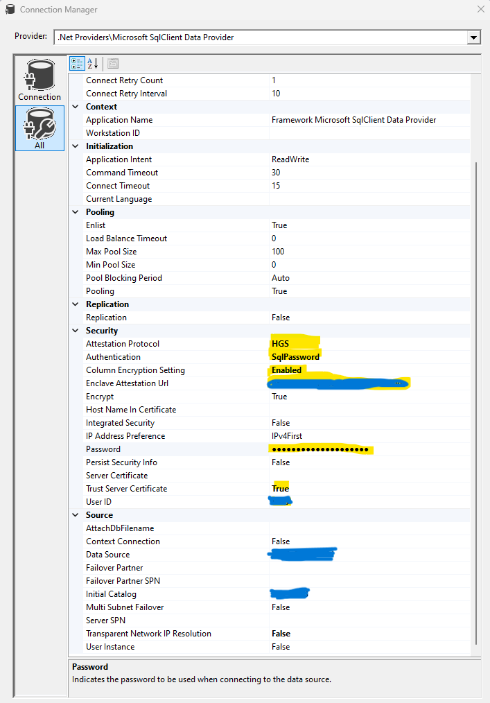 ADO.NET Microsoft SqlClient Data provider settings redactable