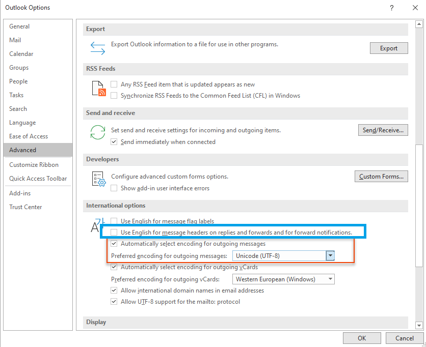 Where is the “International Options” setting in the Outlook new ...