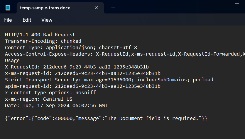 How should my request look for synchronous document translation (Error ...