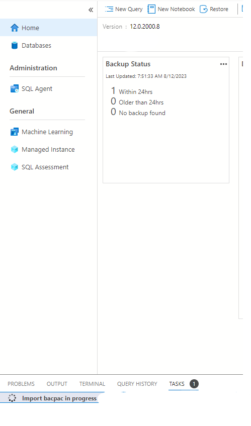 .bacpac azure data studio appears finished, but tasks says import in ...