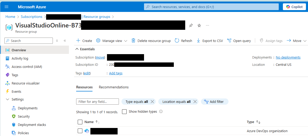 Azure Resource Group screen