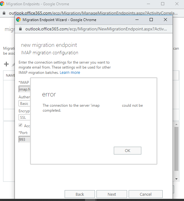 Unable to create a migration endpoint: Office 365/Exchange Online to ...