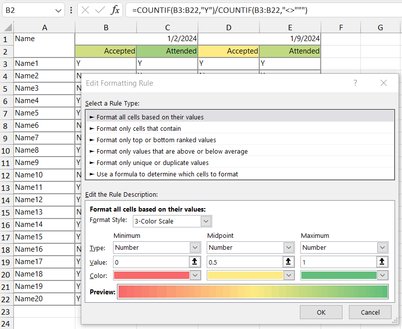 Change background color of a cell based on number of Yes' or No's ...